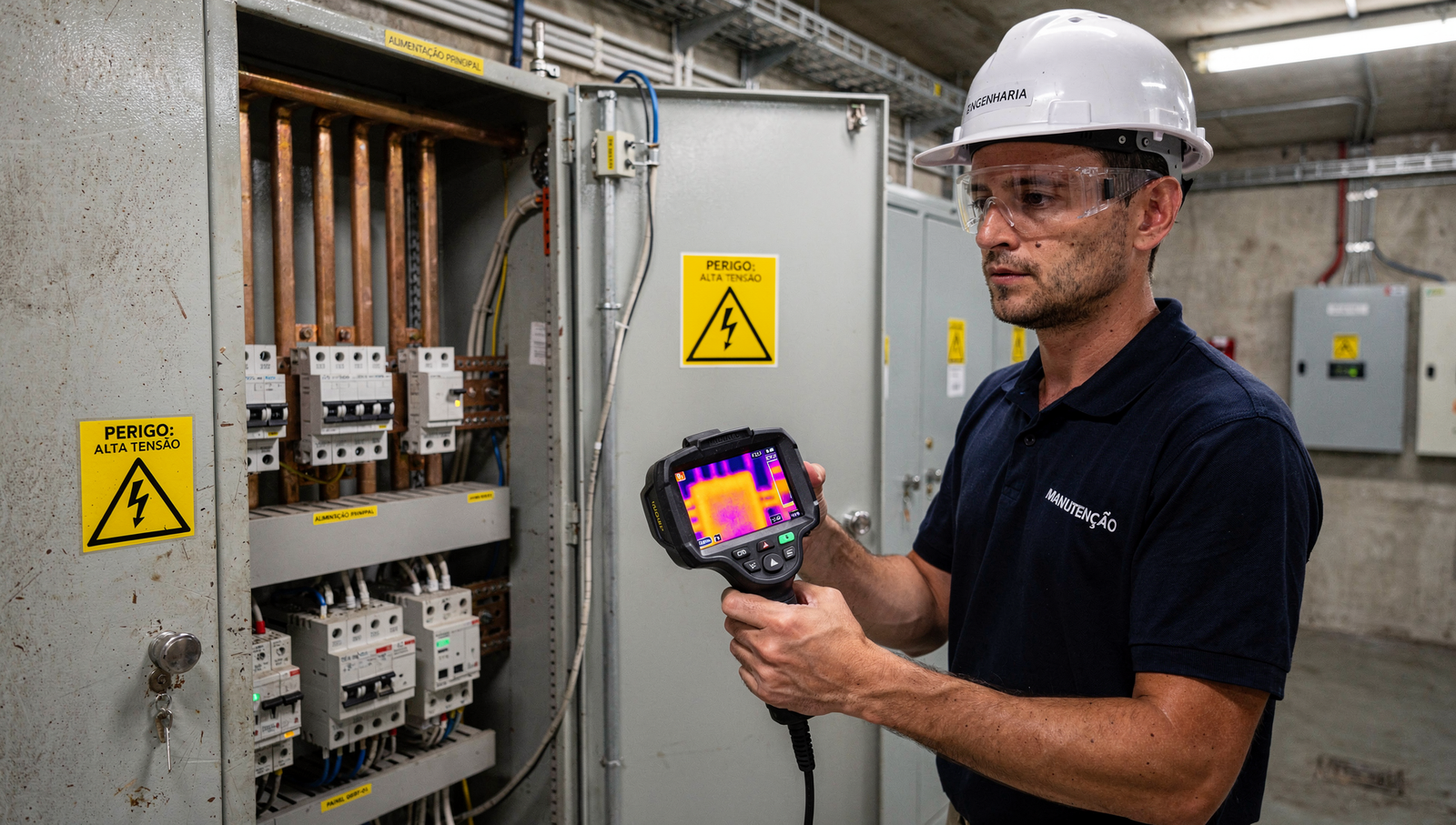 Técnico com capacete e óculos de proteção usando termovisor em painel elétrico energizado durante perícia em São Paulo