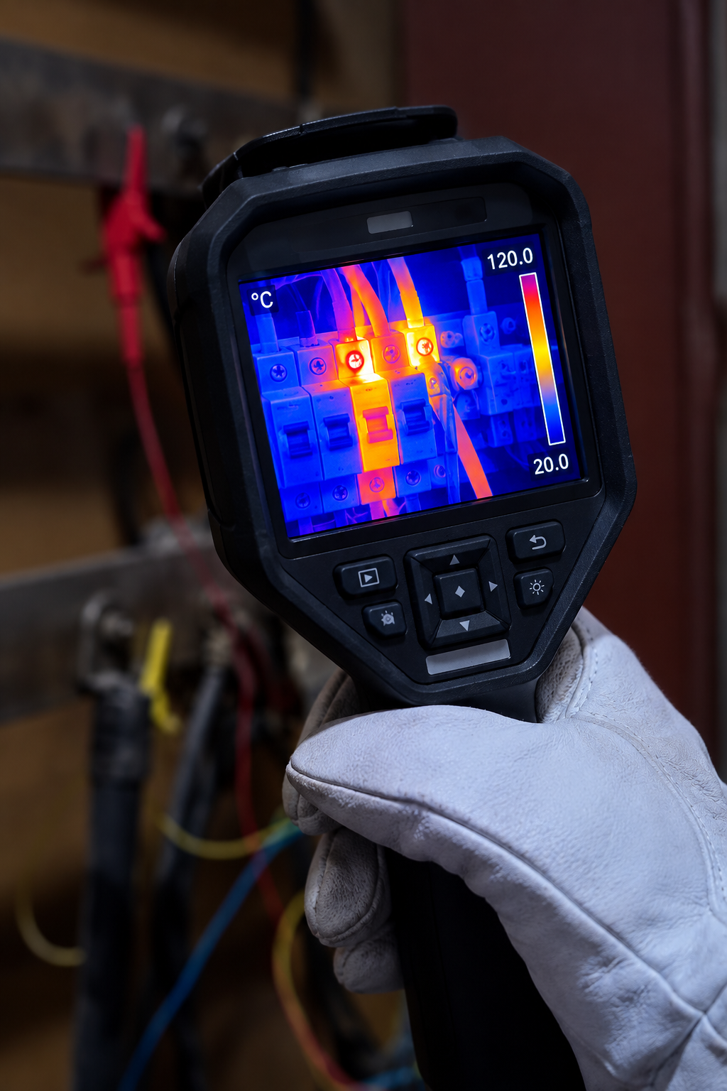 Imagem termográfica mostrando pontos de sobreaquecimento em conexões elétricas