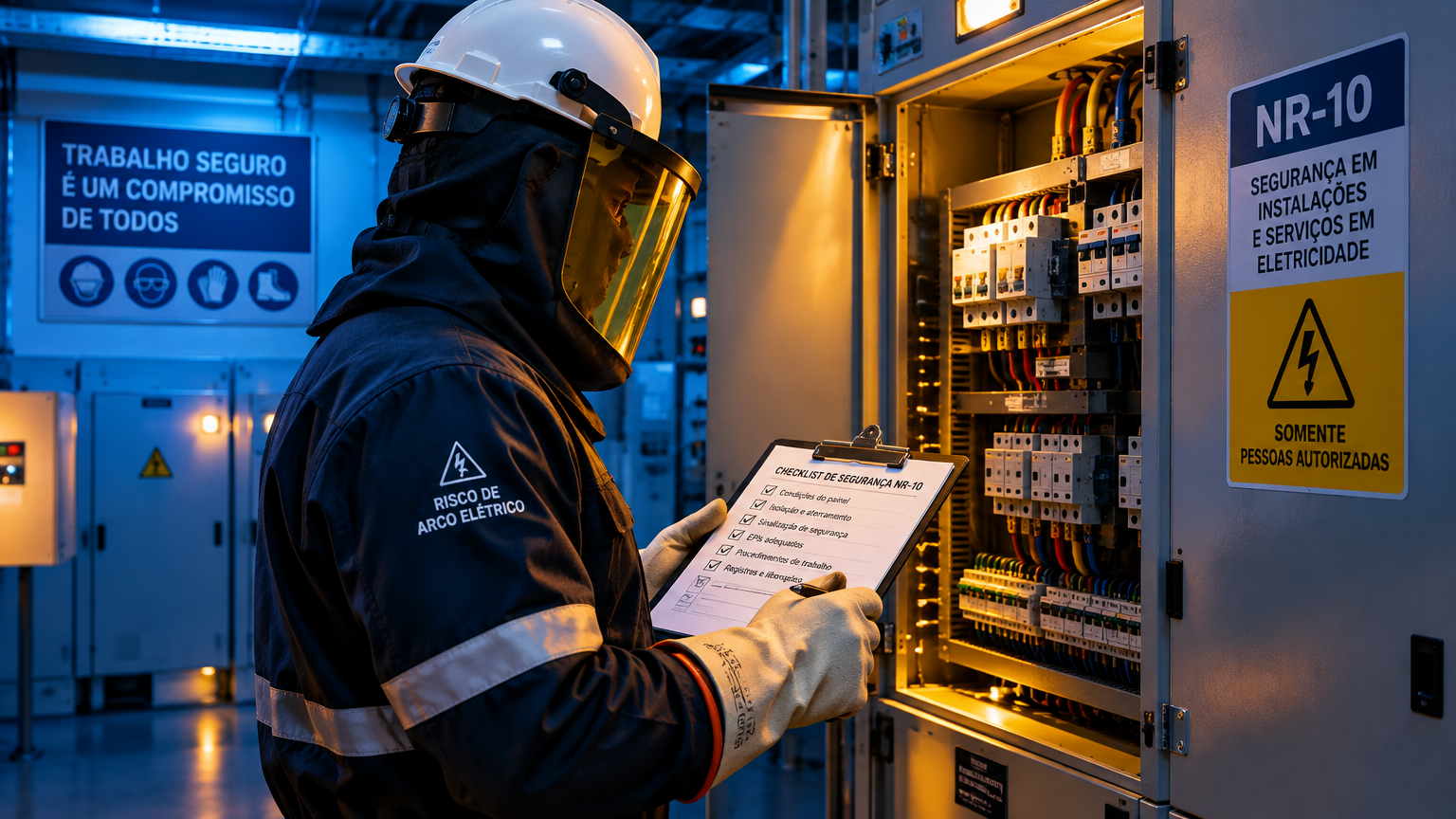 Inspeção de conformidade NR-10 em quadro elétrico com EPI completo