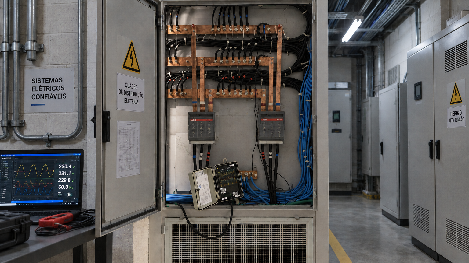 Analisador de qualidade de energia da ON ELETRIC conectado a quadro elétrico para apuração de causas