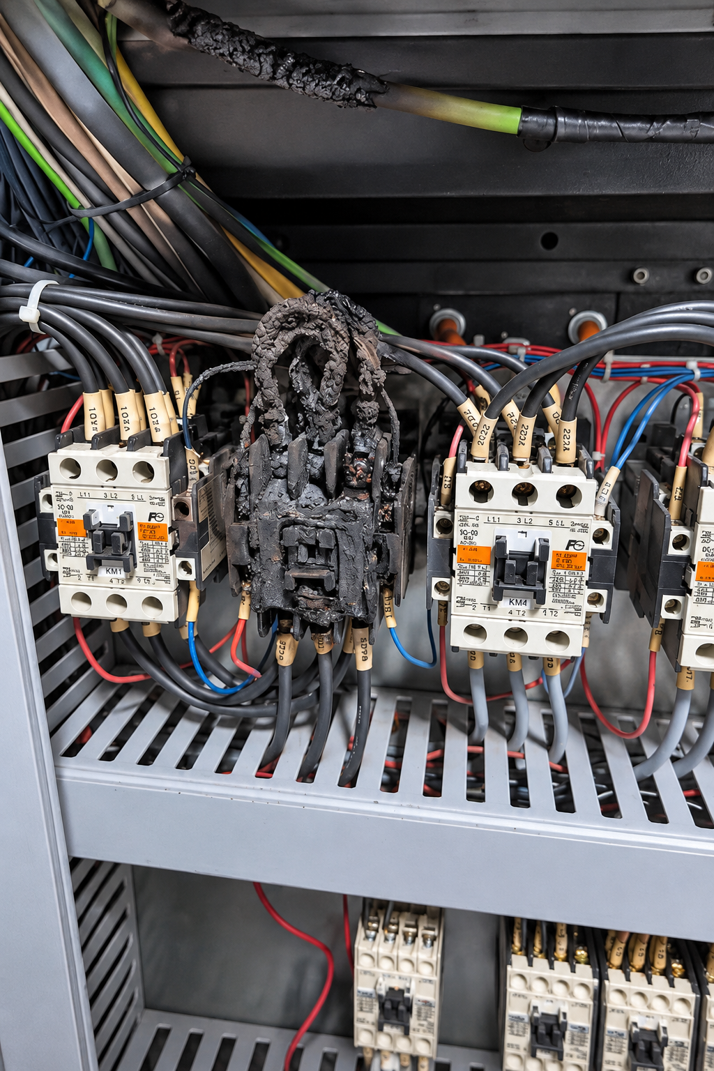 Contator elétrico carbonizado sendo testado com multímetro em laudo de sinistro para apuração de nexo causal